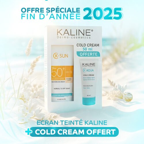 Profitez d’une offre promotionnelle avantageuse avec le pack Kaline K-Sun Crème Solaire SPF50+ Natural Light, incluant Kaline Cold Cream OFFERTE. Une protection solaire teintée naturelle combinée à un soin nourrissant signé Kaline.