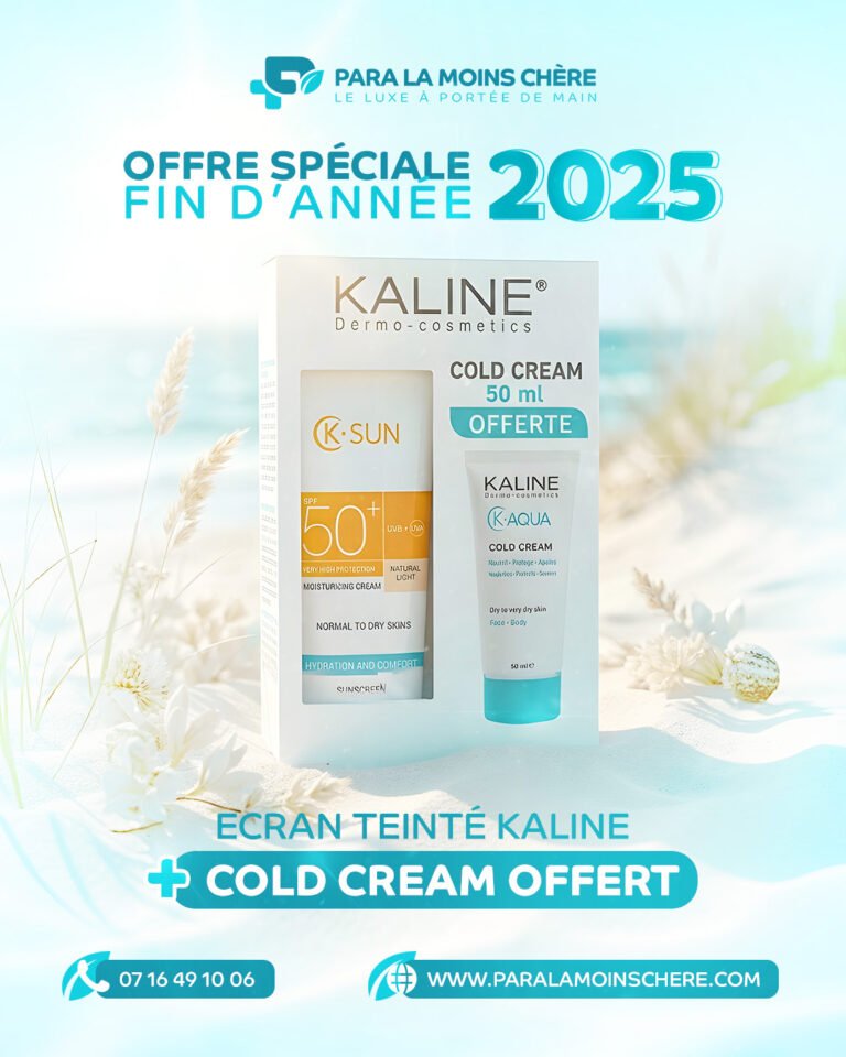 Profitez d’une offre promotionnelle avantageuse avec le pack Kaline K-Sun Crème Solaire SPF50+ Natural Light, incluant Kaline Cold Cream OFFERTE. Une protection solaire teintée naturelle combinée à un soin nourrissant signé Kaline.
