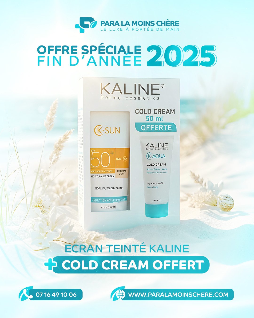 Post 10 Profitez d’une offre promotionnelle avantageuse avec le pack Kaline K-Sun Crème Solaire SPF50+ Natural Light, incluant Kaline Cold Cream OFFERTE. Une protection solaire teintée naturelle combinée à un soin nourrissant signé Kaline.