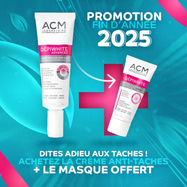 Le Pack ACM Dépiwhite réunit deux soins dermatologiques complémentaires conçus pour corriger efficacement les taches pigmentaires et uniformiser le teint. La crème anti-taches Dépiwhite agit en profondeur grâce à une combinaison d’actifs reconnus pour réduire l’hyperpigmentation, éclaircir les zones sombres et favoriser un teint visiblement plus homogène. Sa formule à haute tolérance convient même aux peaux sensibles. En complément, le masque Dépiwhite, offert dans ce pack, renforce l’action de la crème en boostant l’éclat naturel de la peau et en accélérant la réduction des taches. Son effet intensif ciblé agit sur les irrégularités tout en améliorant l'uniformité et la luminosité du teint. Ce duo professionnel offre une routine complète et synergique, idéale pour les personnes souffrant de taches brunes, mélasma, marques post-inflammatoires ou teint terne. Grâce à cette promotion exclusive, Para La Moins Chère vous garantit une solution hautement efficace à un prix imbattable.