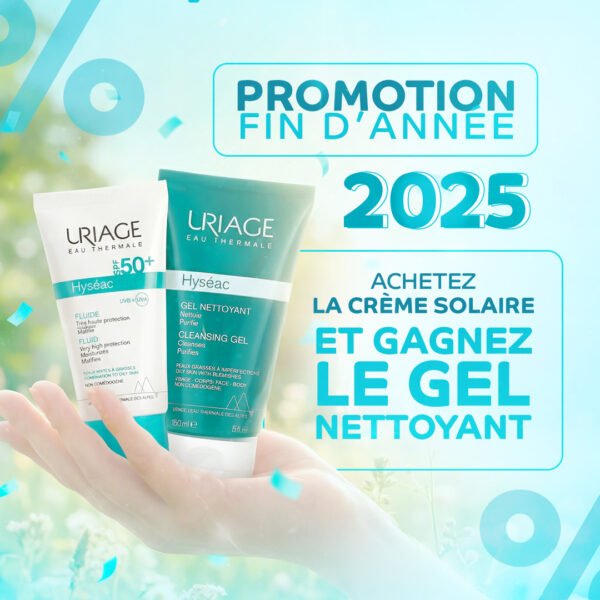 Le Pack Uriage Hyséac SPF50 est une routine dermatologique complète conçue pour protéger efficacement la peau tout en la purifiant. Ce duo associe le fluide solaire Uriage Hyséac SPF50 – 50 ml, formulé avec des filtres haute performance pour une protection optimale UVA/UVB, et un gel nettoyant Uriage Hyséac 50 ml offert, idéal pour nettoyer et équilibrer la peau au quotidien. Le fluide solaire, non gras et très léger, est parfaitement adapté aux peaux mixtes à grasses. Il aide à prévenir les taches, les rougeurs et les imperfections induites par le soleil. Le gel nettoyant offert complète parfaitement la routine : il élimine l’excès de sébum, purifie la peau et laisse une sensation de fraîcheur immédiate sans agresser la barrière cutanée. Ce pack exclusif offre une protection solaire complète et un nettoyage doux, pour une peau nette, protégée et éclatante. Une offre idéale pour une routine quotidienne simple, efficace et économique.