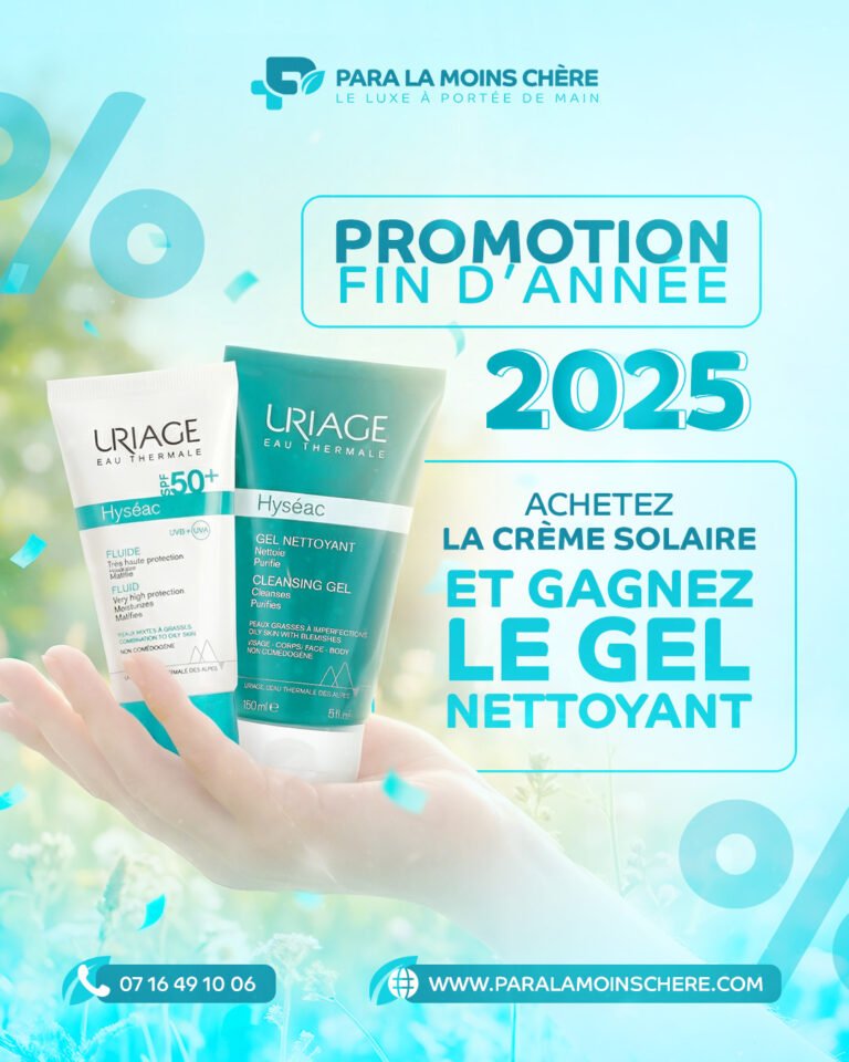 Le Pack Uriage Hyséac SPF50 est une routine dermatologique complète conçue pour protéger efficacement la peau tout en la purifiant. Ce duo associe le fluide solaire Uriage Hyséac SPF50 – 50 ml, formulé avec des filtres haute performance pour une protection optimale UVA/UVB, et un gel nettoyant Uriage Hyséac 50 ml offert, idéal pour nettoyer et équilibrer la peau au quotidien. Le fluide solaire, non gras et très léger, est parfaitement adapté aux peaux mixtes à grasses. Il aide à prévenir les taches, les rougeurs et les imperfections induites par le soleil. Le gel nettoyant offert complète parfaitement la routine : il élimine l’excès de sébum, purifie la peau et laisse une sensation de fraîcheur immédiate sans agresser la barrière cutanée. Ce pack exclusif offre une protection solaire complète et un nettoyage doux, pour une peau nette, protégée et éclatante. Une offre idéale pour une routine quotidienne simple, efficace et économique.
