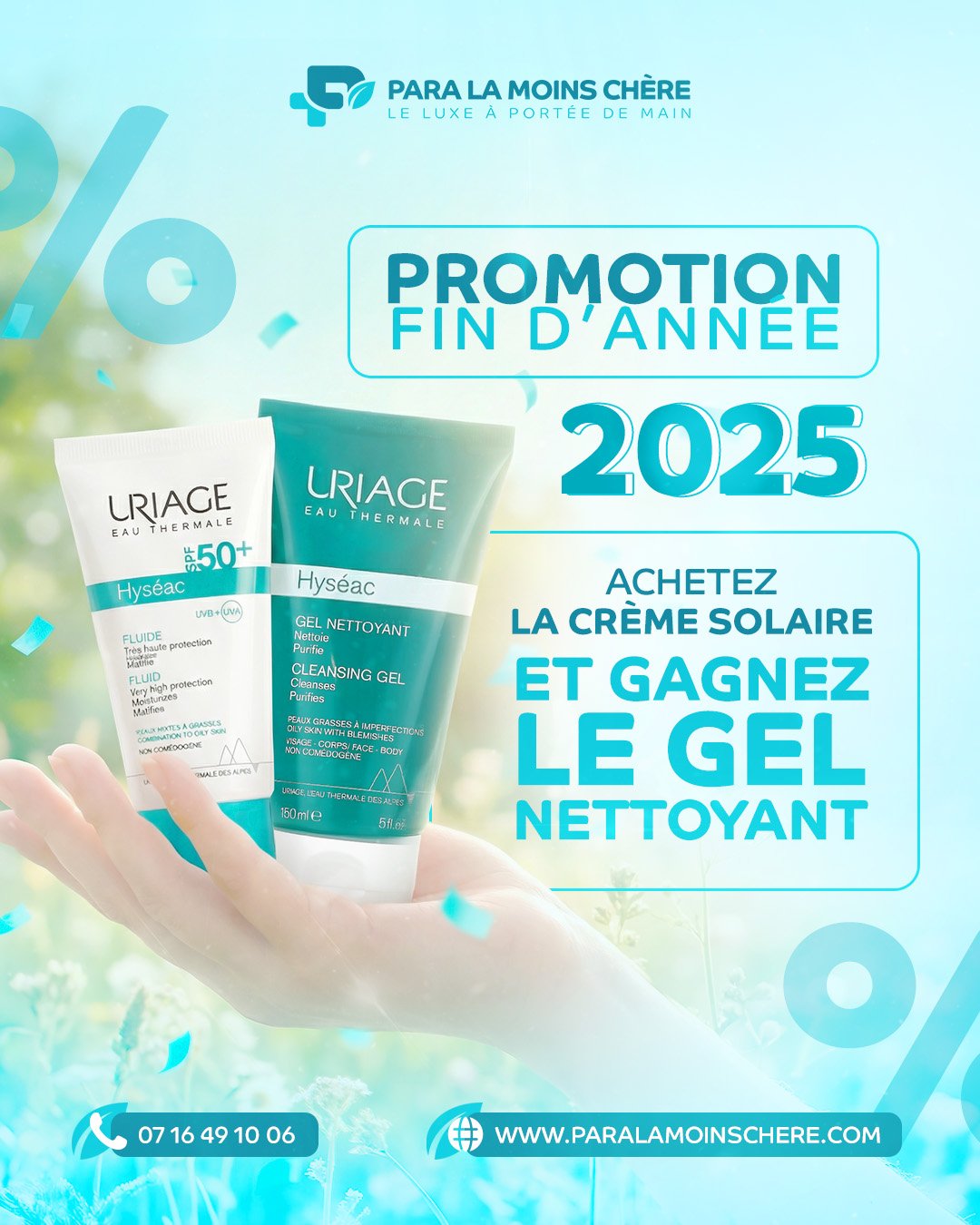 Uriage Hyséac SPF50 + Gel Nettoyant Offert | Pack Protection & Pureté Le Pack Uriage Hyséac SPF50 est une routine dermatologique complète conçue pour protéger efficacement la peau tout en la purifiant. Ce duo associe le fluide solaire Uriage Hyséac SPF50 – 50 ml, formulé avec des filtres haute performance pour une protection optimale UVA/UVB, et un gel nettoyant Uriage Hyséac 50 ml offert, idéal pour nettoyer et équilibrer la peau au quotidien. Le fluide solaire, non gras et très léger, est parfaitement adapté aux peaux mixtes à grasses. Il aide à prévenir les taches, les rougeurs et les imperfections induites par le soleil. Le gel nettoyant offert complète parfaitement la routine : il élimine l’excès de sébum, purifie la peau et laisse une sensation de fraîcheur immédiate sans agresser la barrière cutanée. Ce pack exclusif offre une protection solaire complète et un nettoyage doux, pour une peau nette, protégée et éclatante. Une offre idéale pour une routine quotidienne simple, efficace et économique.