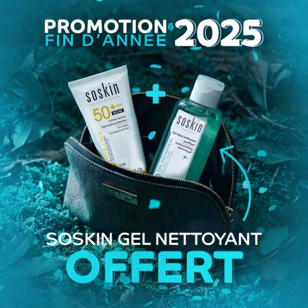 Offre exceptionnelle Soskin : Crème solaire SPF 50+ 50ml achetée = gel nettoyant visage 100ml offert. Une routine complète protection solaire et nettoyage quotidien à prix avantageux. Quantités limitées.