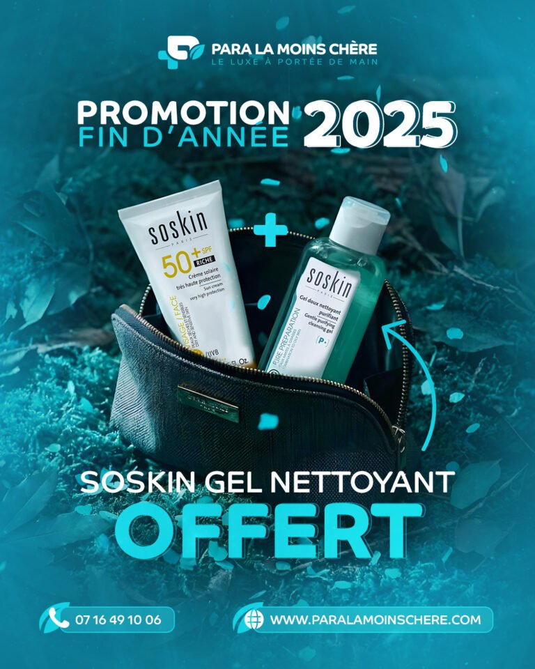 Offre exceptionnelle Soskin : Crème solaire SPF 50+ 50ml achetée = gel nettoyant visage 100ml offert. Une routine complète protection solaire et nettoyage quotidien à prix avantageux. Quantités limitées.