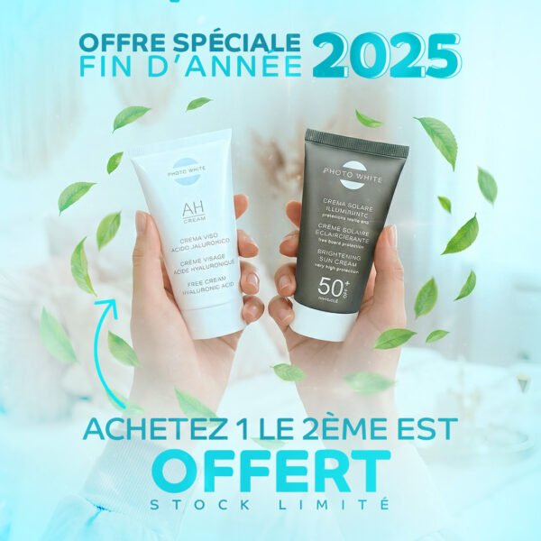 Profitez d’une offre exclusive : achetez PhotoWhite Écran Invisible SPF50+ et recevez AH Cream 30ml OFFERT. Une protection solaire invisible à très haute protection combinée à un soin hydratant pour une peau protégée et équilibrée au quotidien par PhotoWhite.