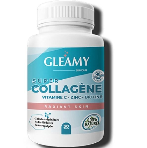 Découvrez Gleamy Super Collagène 30 gélules, un complément alimentaire formulé pour soutenir la beauté de la peau, la fermeté, ainsi que la vitalité des cheveux et des ongles. Une solution pratique et efficace, signée Gleamy, proposée dans une offre avantageuse