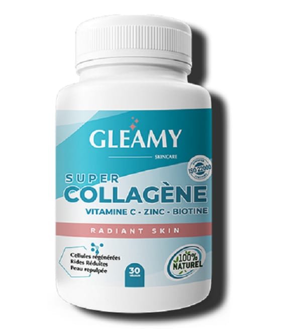 Découvrez Gleamy Super Collagène 30 gélules, un complément alimentaire formulé pour soutenir la beauté de la peau, la fermeté, ainsi que la vitalité des cheveux et des ongles. Une solution pratique et efficace, signée Gleamy, proposée dans une offre avantageuse